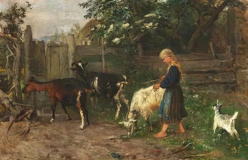 Contadina con capre e capretti